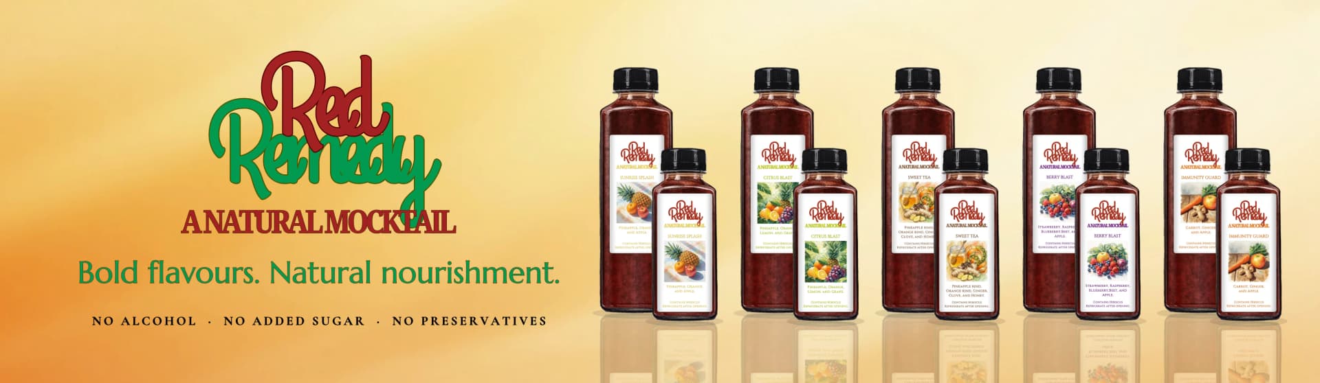 Red Remedy, a natural mocktail. All five flavours, each in a 16 oz and an 8 oz bottle: Sunrise Splash, Citrus Blast, Sweet Tea, Berry Blast, and Immunity Guard.